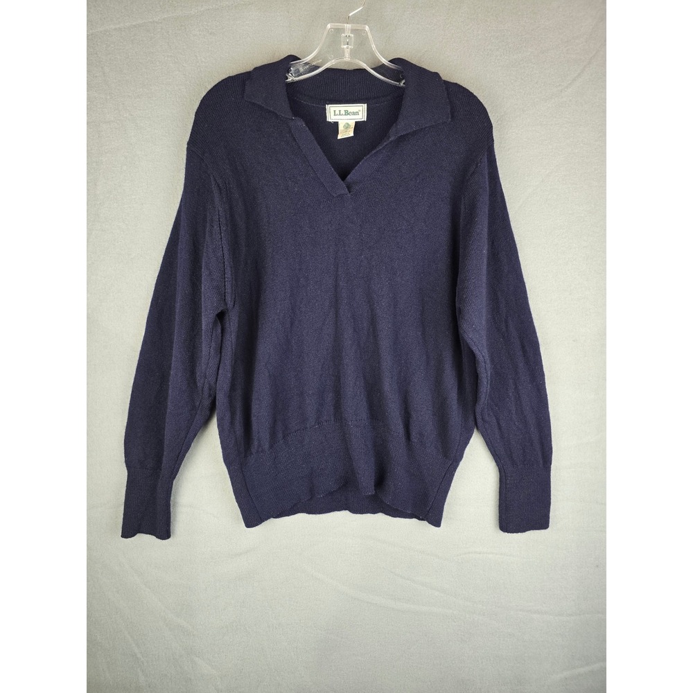 L.L. Bean Sweater Womens M Navy Blue Lambswool Polo V-Neck Scotland Preppy